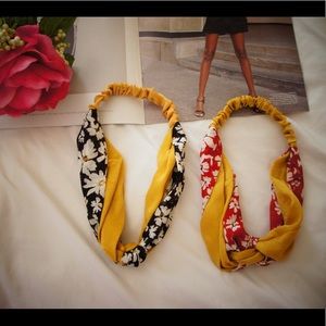 Red yellow floral cross twist headband turban